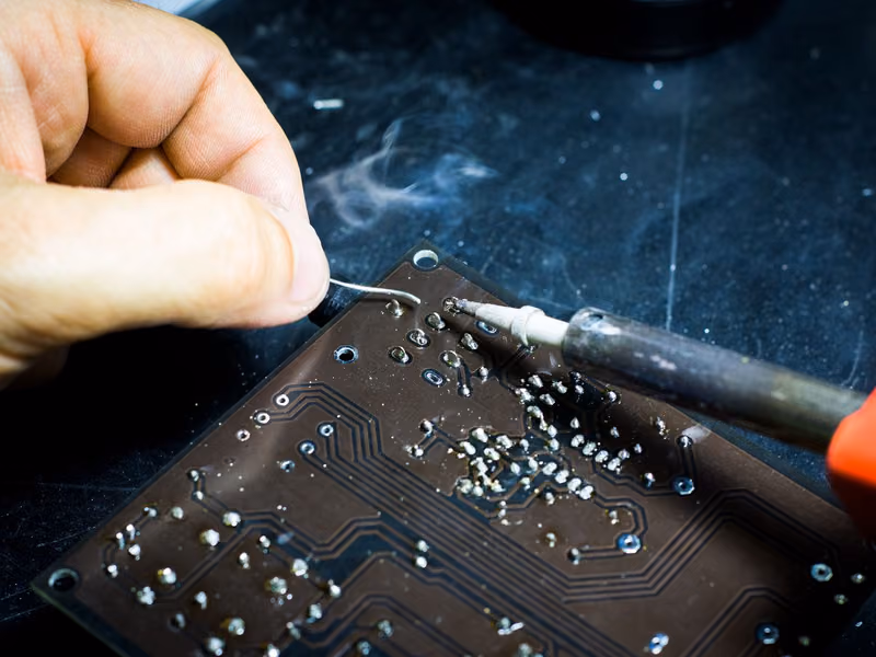 Hands guiding a soldering iron along a dark circuit board with solder smoke rising